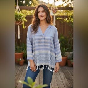 Dylan long sleeved Boho top with tie fringe. Size small. Denim blue/silver/gold